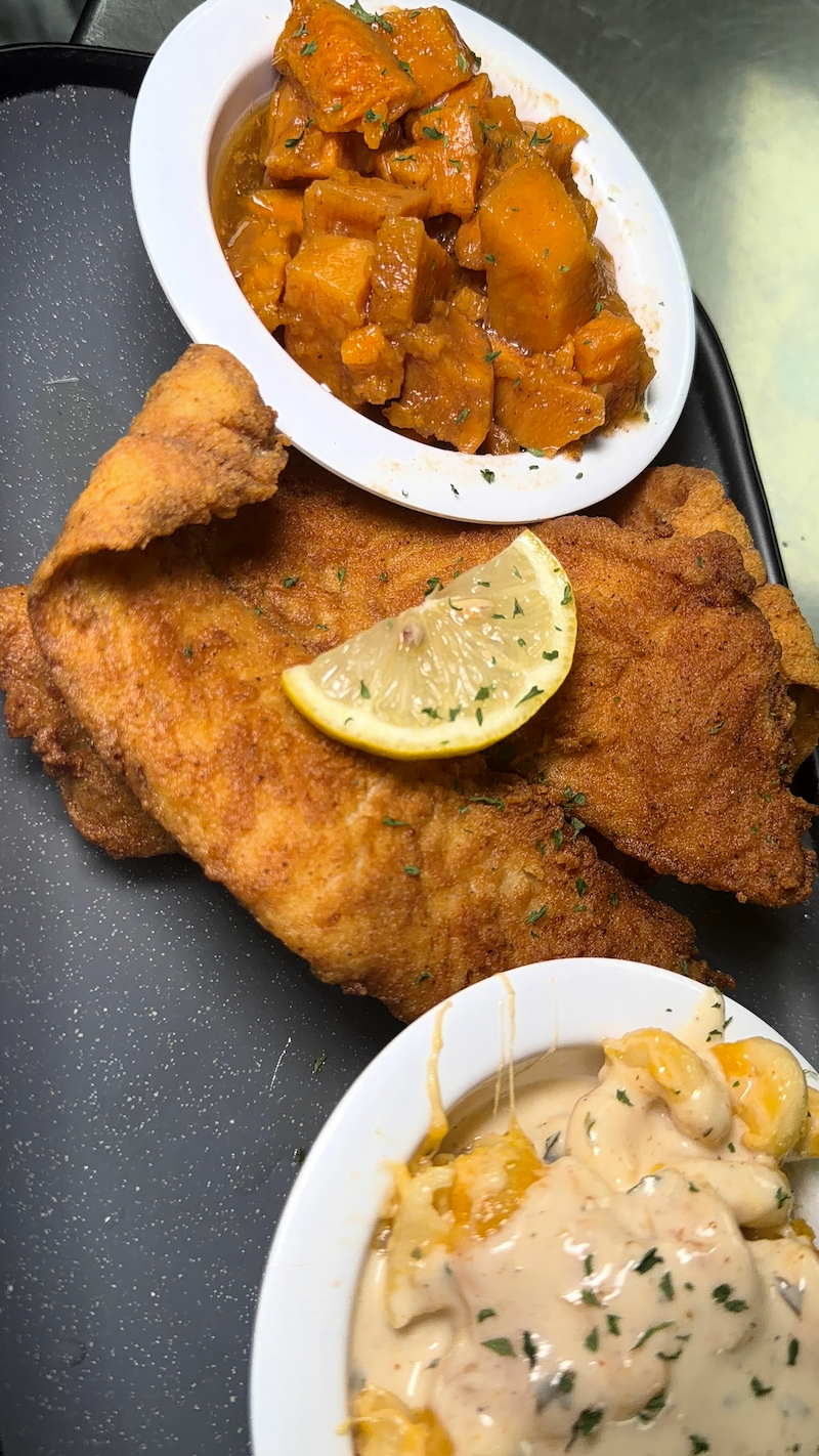 Fried fish with candied yams and mac & cheese